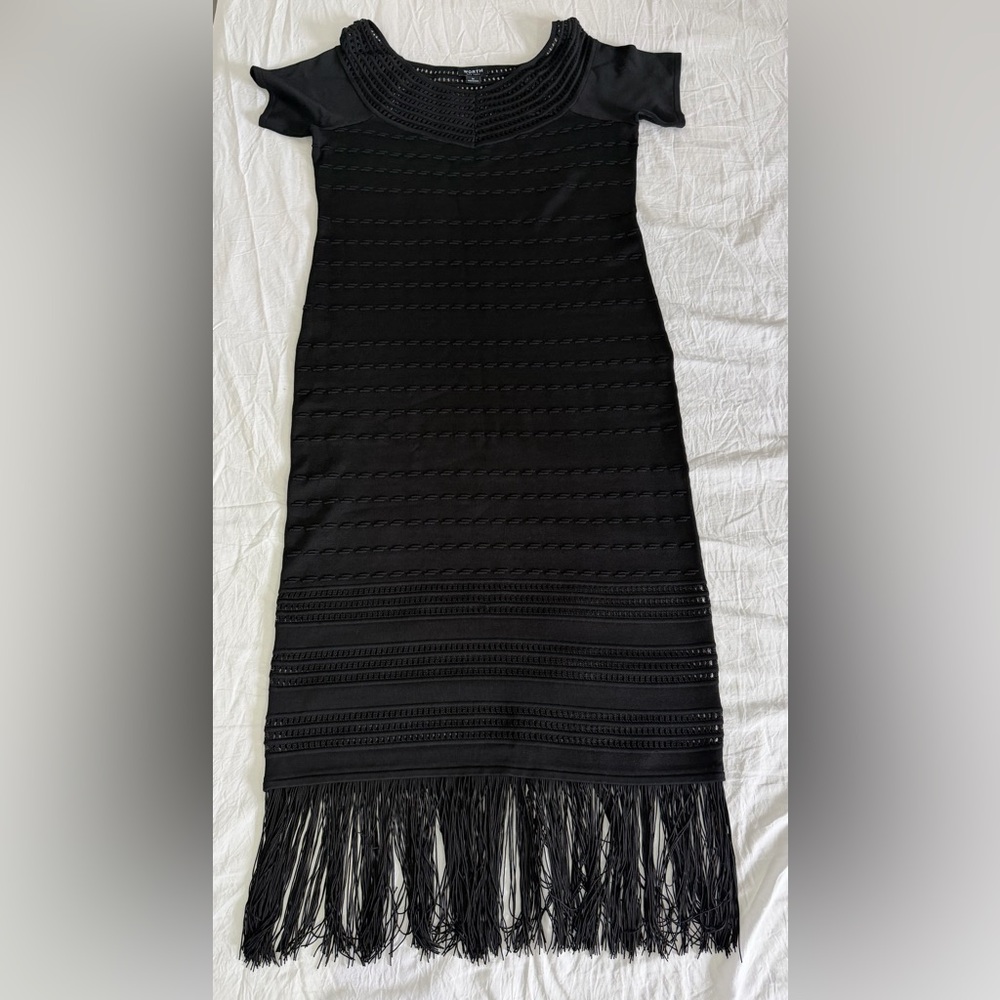 Worth Black Pencil Skirt with Fringe Detail